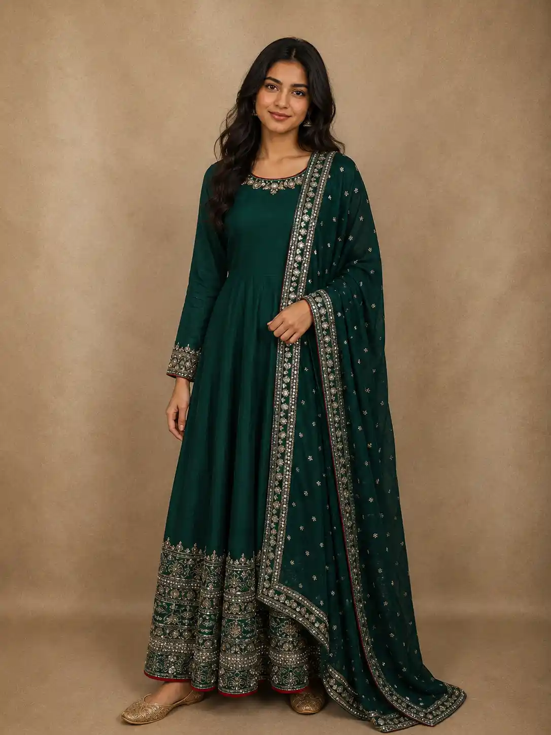 Deep Emerald Green Floral Sequins and Zari Embroidered Design Semi Silk Anarkali Salwar Suit
